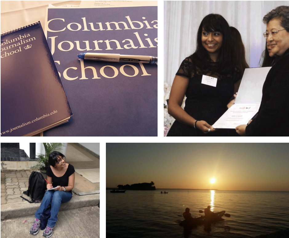 Collage of pictures showing Dhruti, notebooks and kayaking in sunset